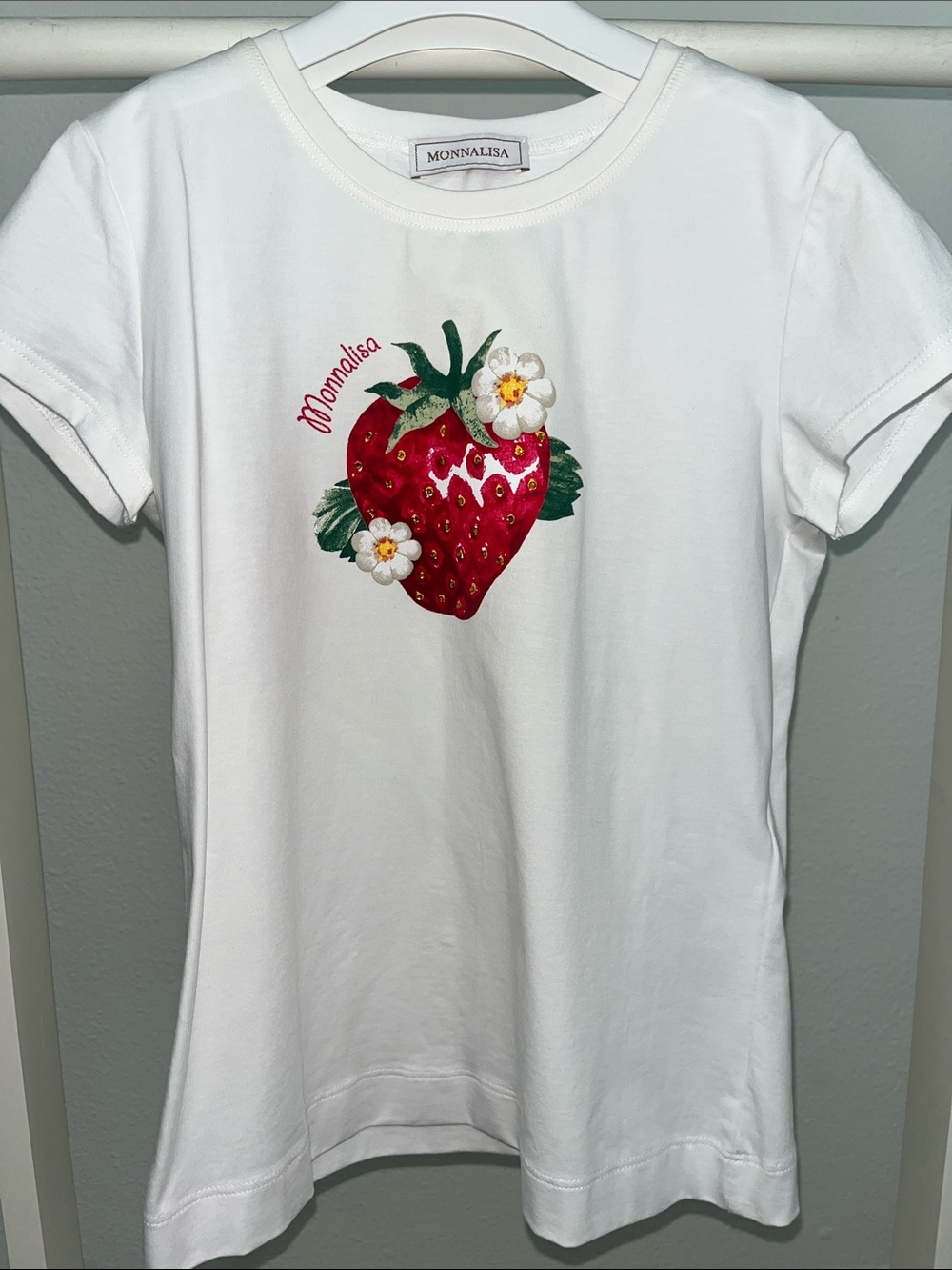 MonnaLisa White Tee with Red Strawberry Graphic